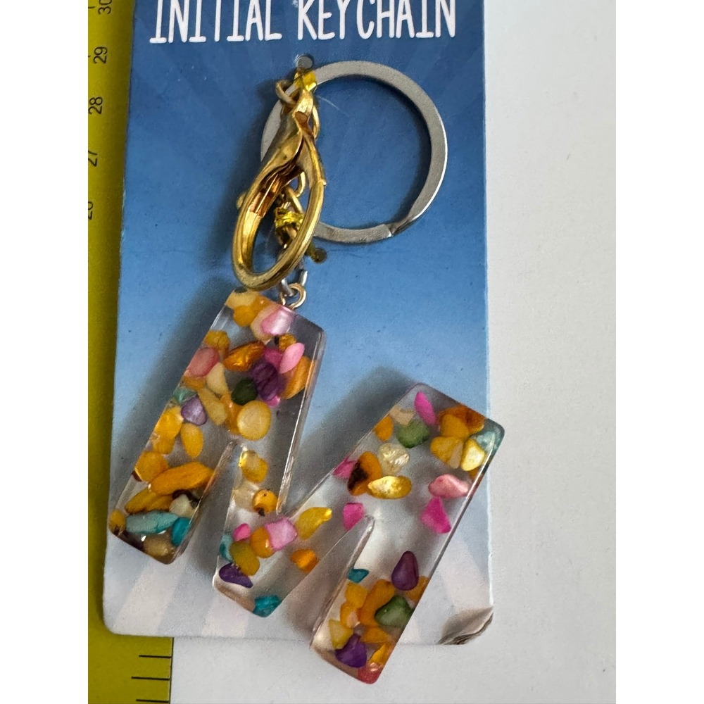 Initial Keychain Letter M Resin Multi Color Pebble Stone Gold Lobster Clasp NEW